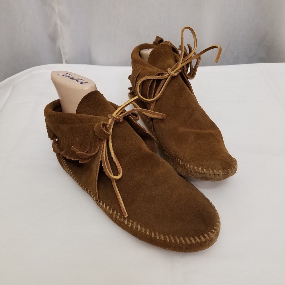 Vintage Minnetonka Moccasins Brown Suede Laced Fringe Boots Size 7/8